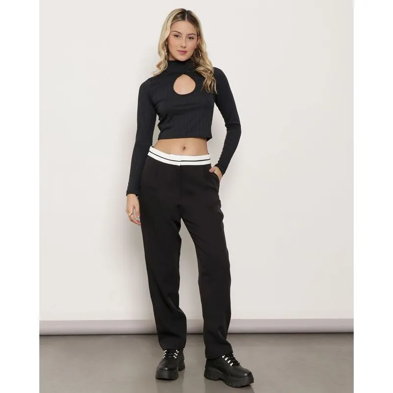 Calça Feminina Alfaiataria Cós Listrado Preto M