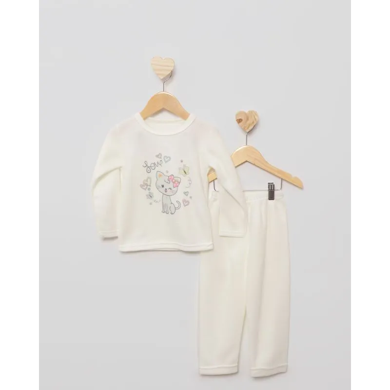 Pijama Soft Bebê Manga Longa Estampa Gatinha Off White 1