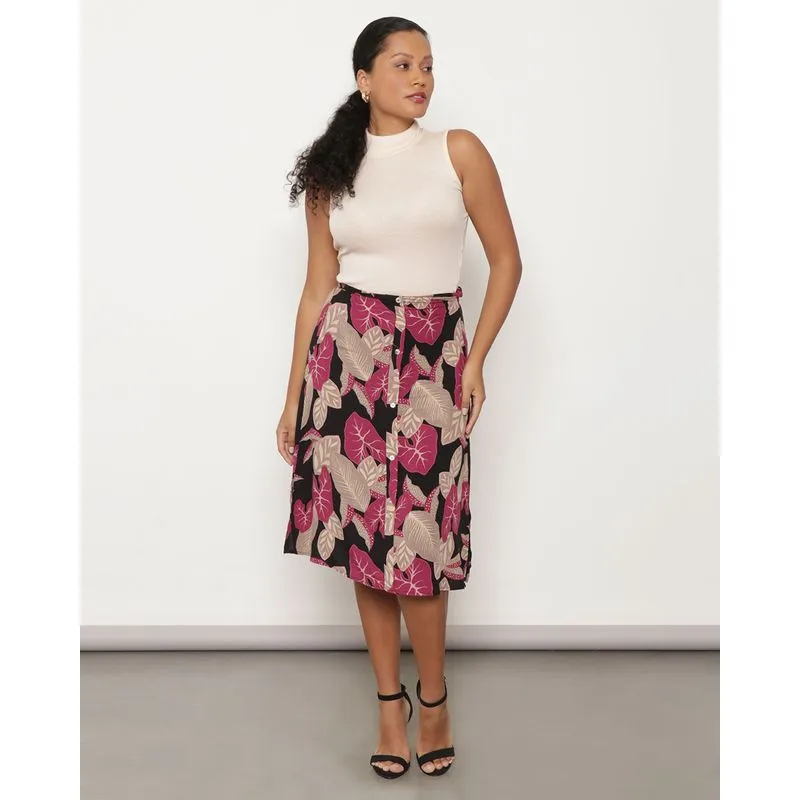 Saia Midi Feminina Estampa Folhagem Viscose Preta G