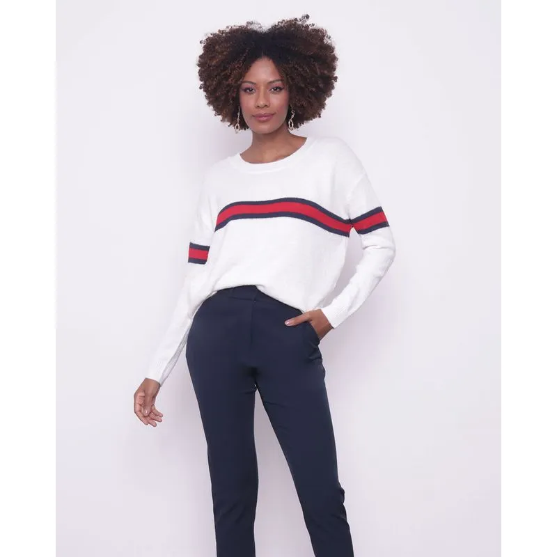Suéter Feminino Tricô Manga Longa com Listras Off White P