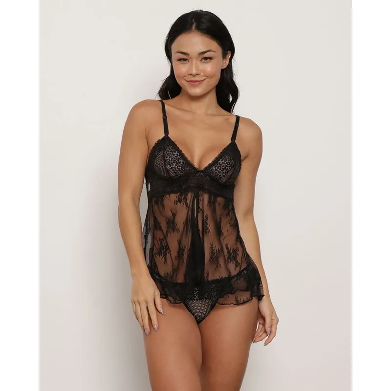 Baby Doll Renda Com Tule Floral e Calcinha String Preto P