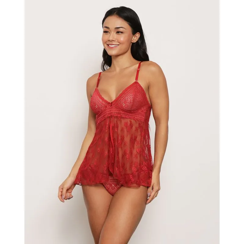 Baby Doll Renda Com Tule Floral e Calcinha String Vermelho GG