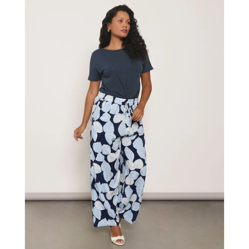 Calça Feminina Pantalona Viscose Estampada Azul M