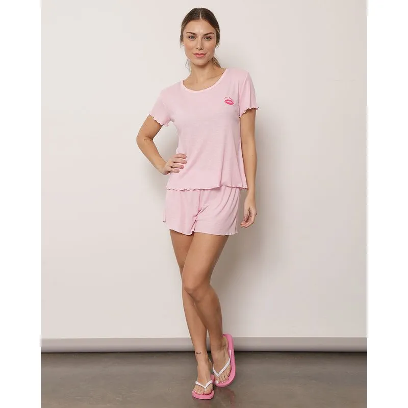 Pijama Feminino Curto Frufru Canelado Rosa M