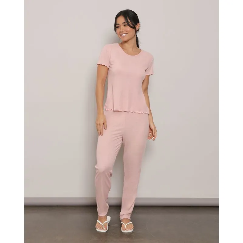 Pijama Feminino Canelado Manga Curta Rosa G