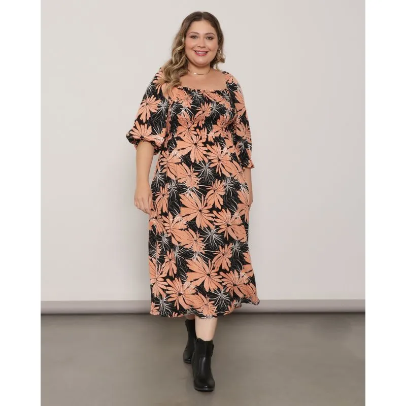 Vestido Feminino Plus Size Ciganinha Midi Floral Preto G3