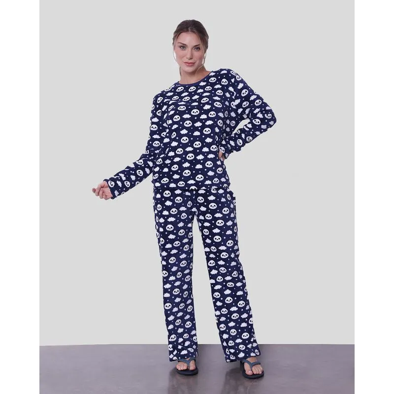 Pijama Feminino Manga Longa Panda Soft Marinho GG