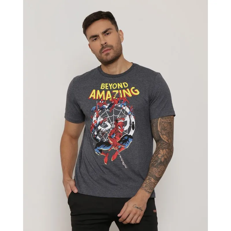 Camiseta Masculina Algodão Estampa Homem Aranha Cinza P