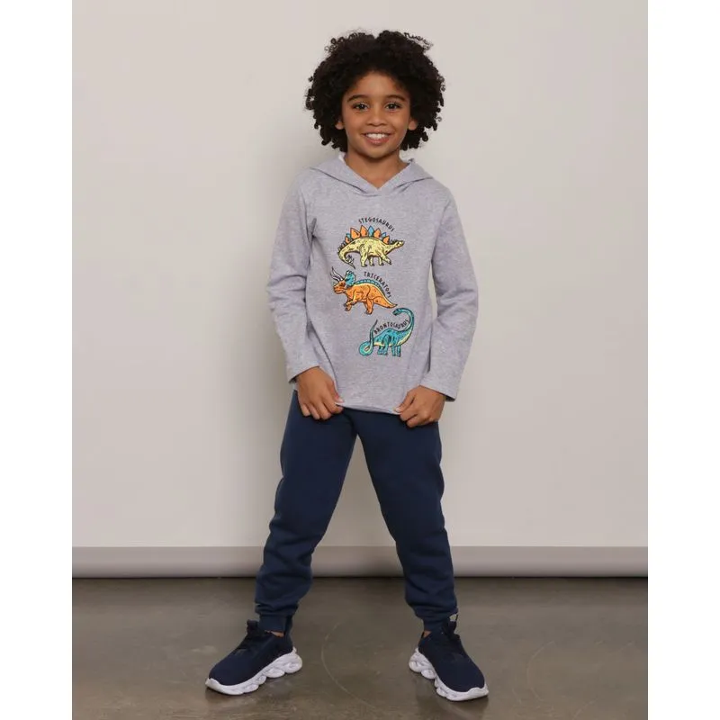 Conjunto Infantil Moletom Com Capuz Dinossauro Cinza 6