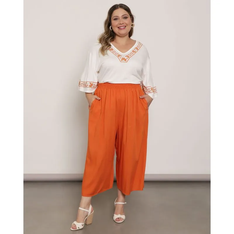 Calça Plus Size Feminina Viscose Pantacourt Laranja G1