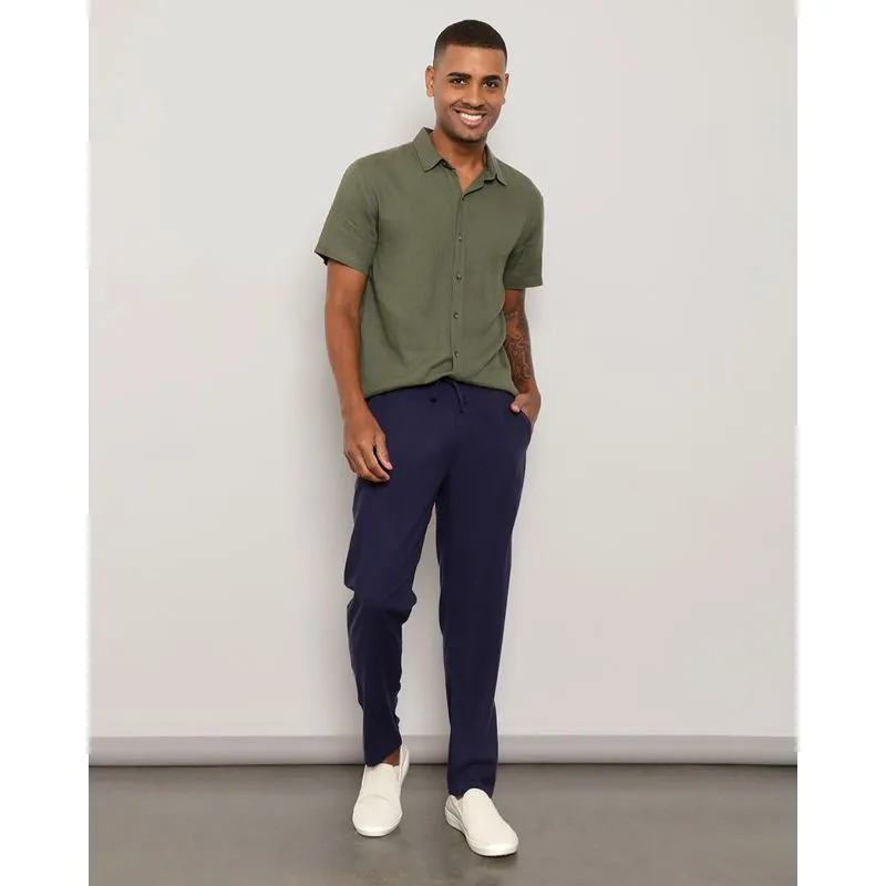 Calça Masculina Linho Reta Com Cordão Marinho GG