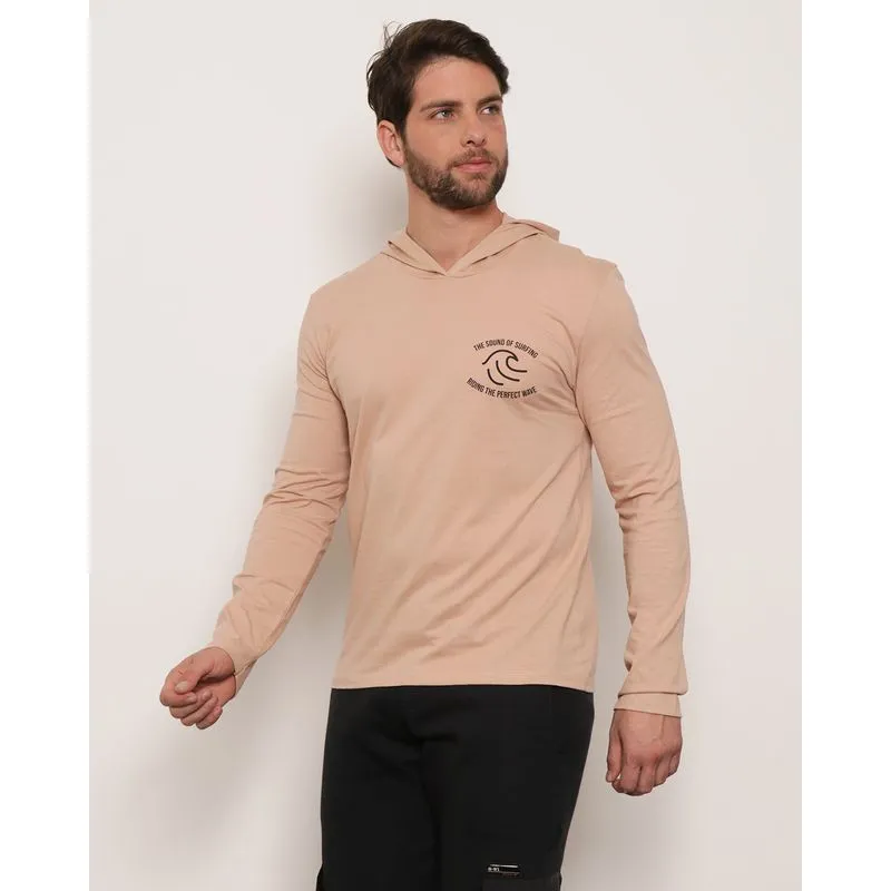 Camiseta Masculina Manga Longa Com Capuz Bege P
