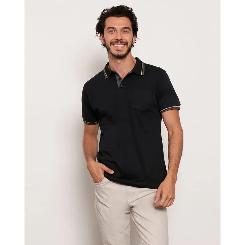 Polo Masculina Manga Curta Detalhe Listras Preta G