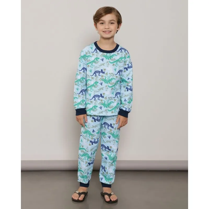 Pijama Infantil Moletom Longo Estampa Dinossauro Azul 8