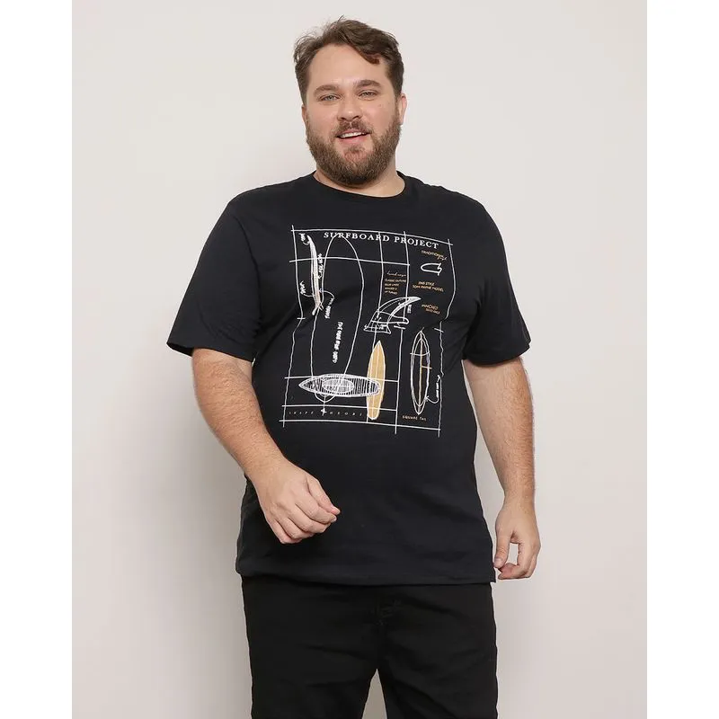 Camiseta Plus Size Masculina Surf Estampa Surfboard Manga Curta Preta G3