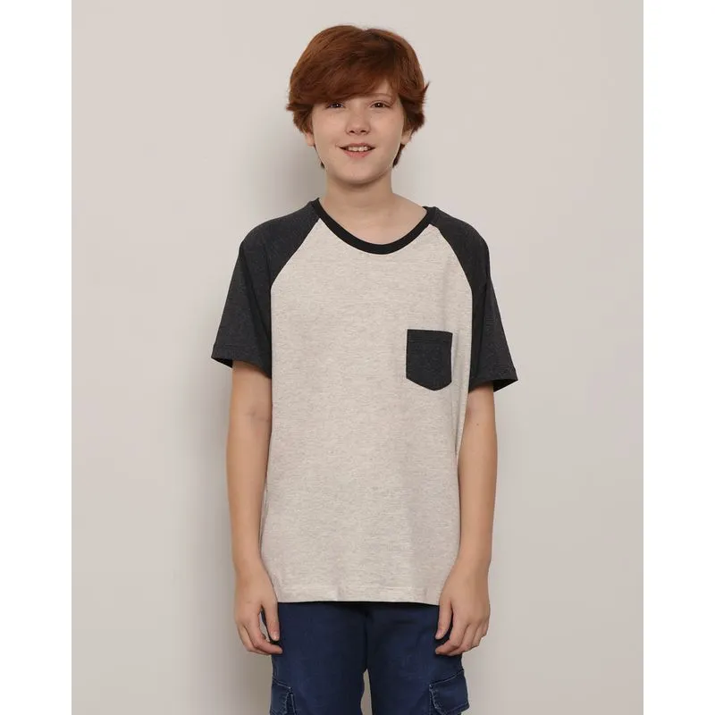 Camiseta Juvenil Manga Curta Bolso Recorte Cinza 16