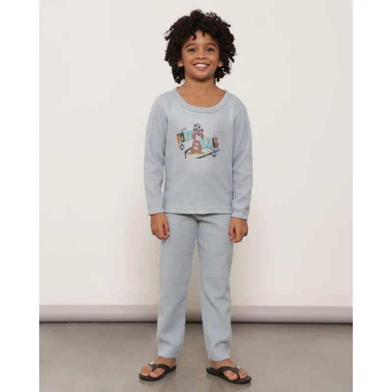 Pijama Infantil Soft Manga Longa Estampa Futebol Cinza 4