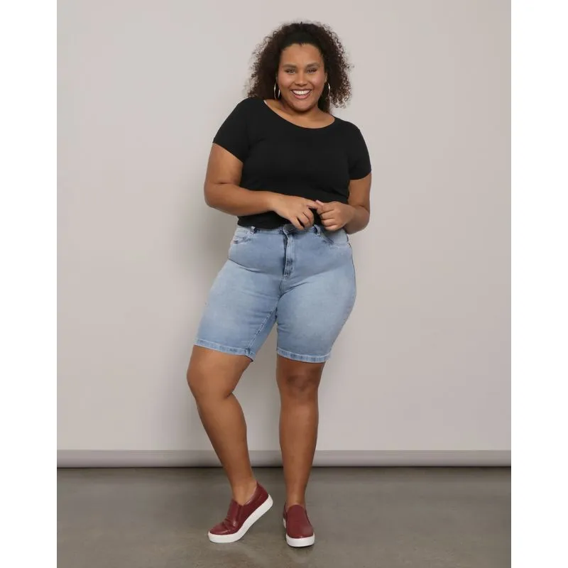 Bermuda Jeans Plus Size Feminina Ciclista Com Bolso Azul 46