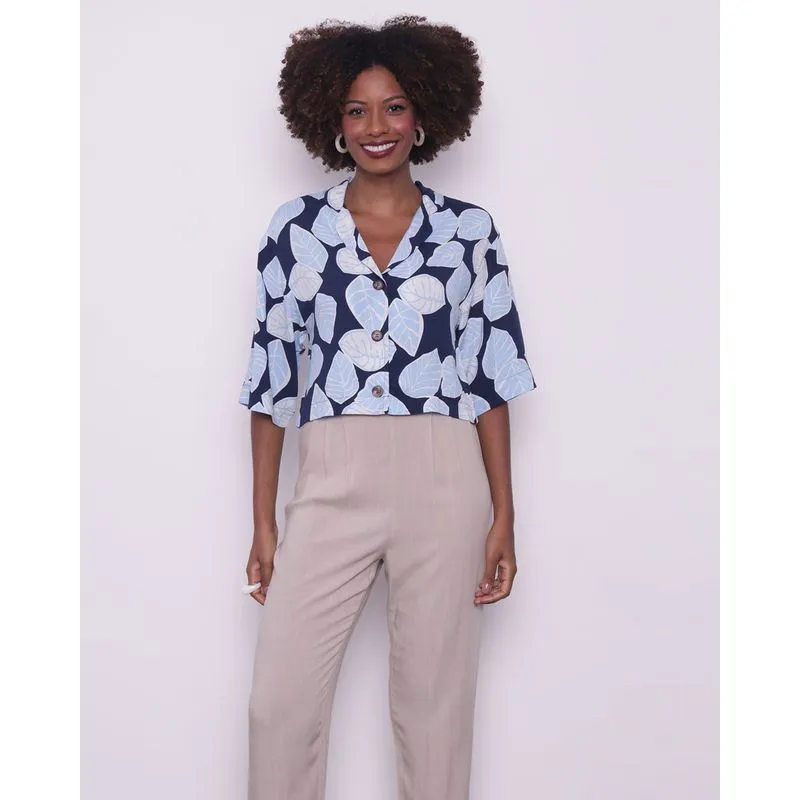 Camisa Feminina Manga Curta Cropped Viscose Floral Azul P