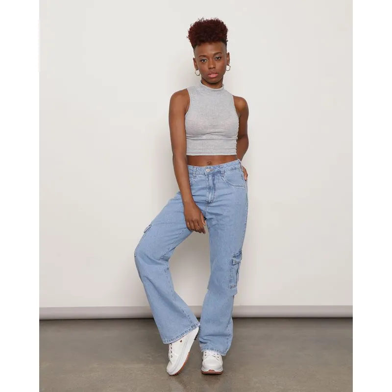 Calça Jeans Feminina Wide Leg Cargo Azul 46