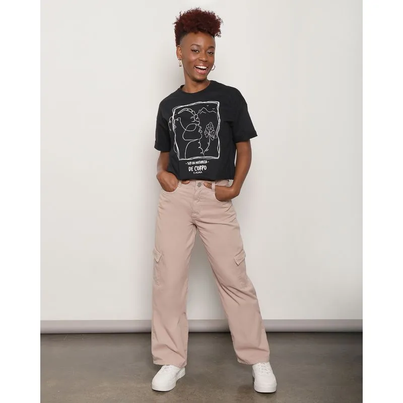 Calça Feminina Sarja Wide Leg Cargo Bege 38