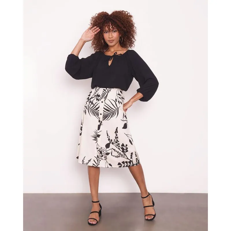 Saia Feminina Midi Viscose Estampada Folhagem Bege GG