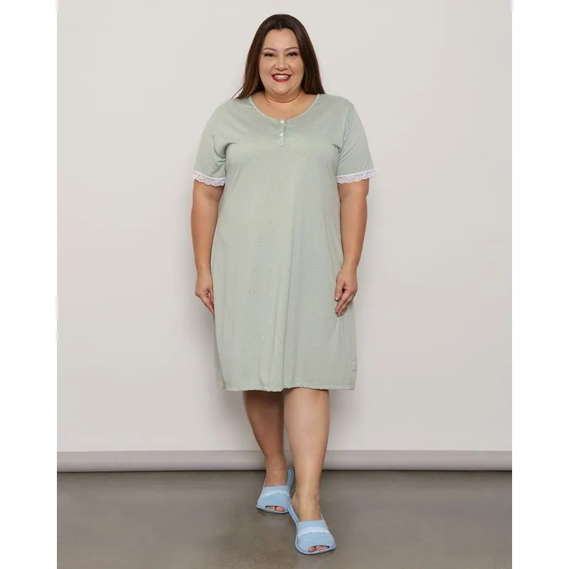 Camisola Feminina Plus Size Manga Curta Poá Verde 46