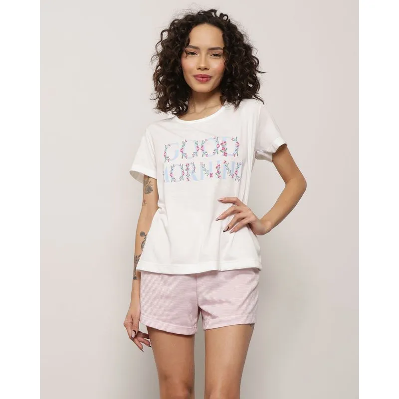 Pijama Feminino Manga Curta Estampa Rosa GG
