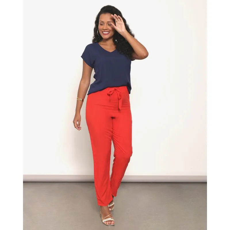 Calça Feminina Reta Viscose Amarração Vermelha P