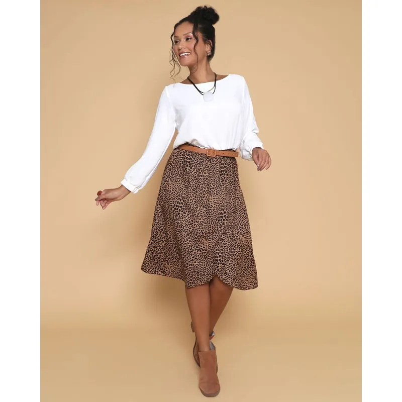 Saia Midi Feminina Transpassada Animal Print Marrom M