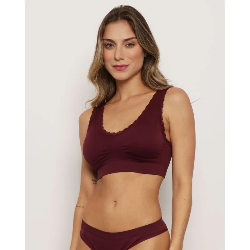 Sutiã Feminino Zee Rucci Top Com Bojo Removível Renda Vinho G