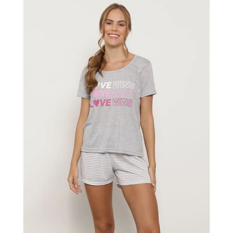 Pijama Feminino Manga Curta Listrado Estampa Love Cinza M
