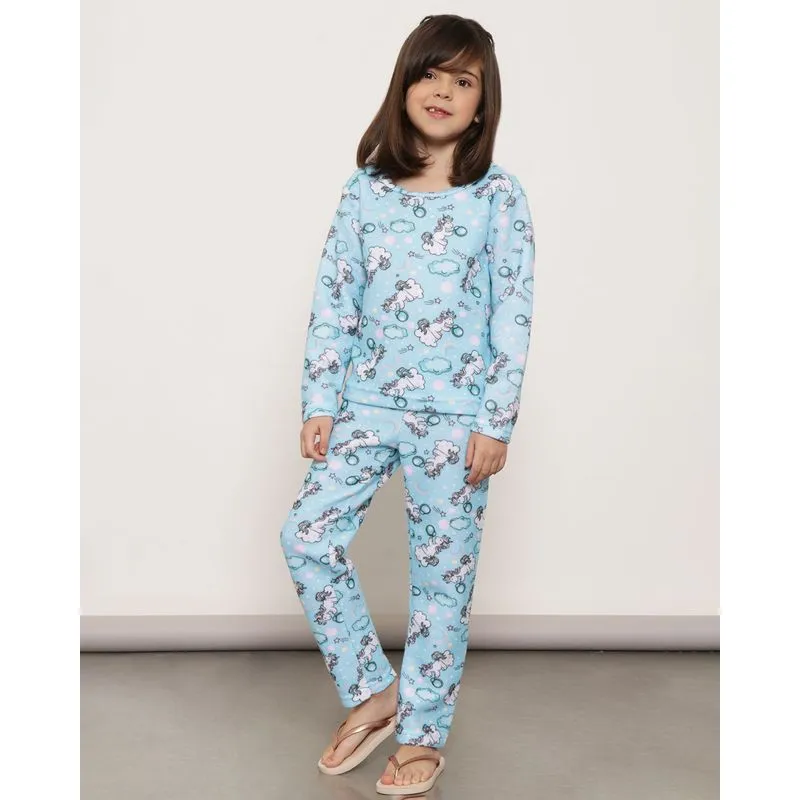Pijama Infantil Manga Longa Unicórnio Soft Azul 8