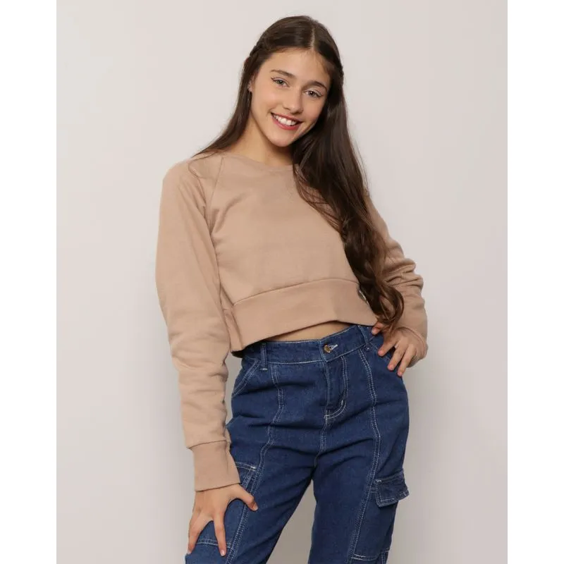 Blusa Moletom Juvenil Cropped Manga Longa Bege 12