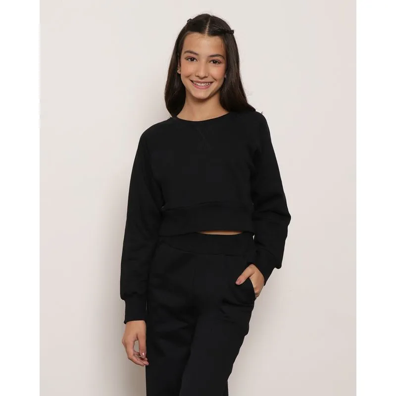 Blusa Moletom Juvenil Cropped Manga Longa Preta 10