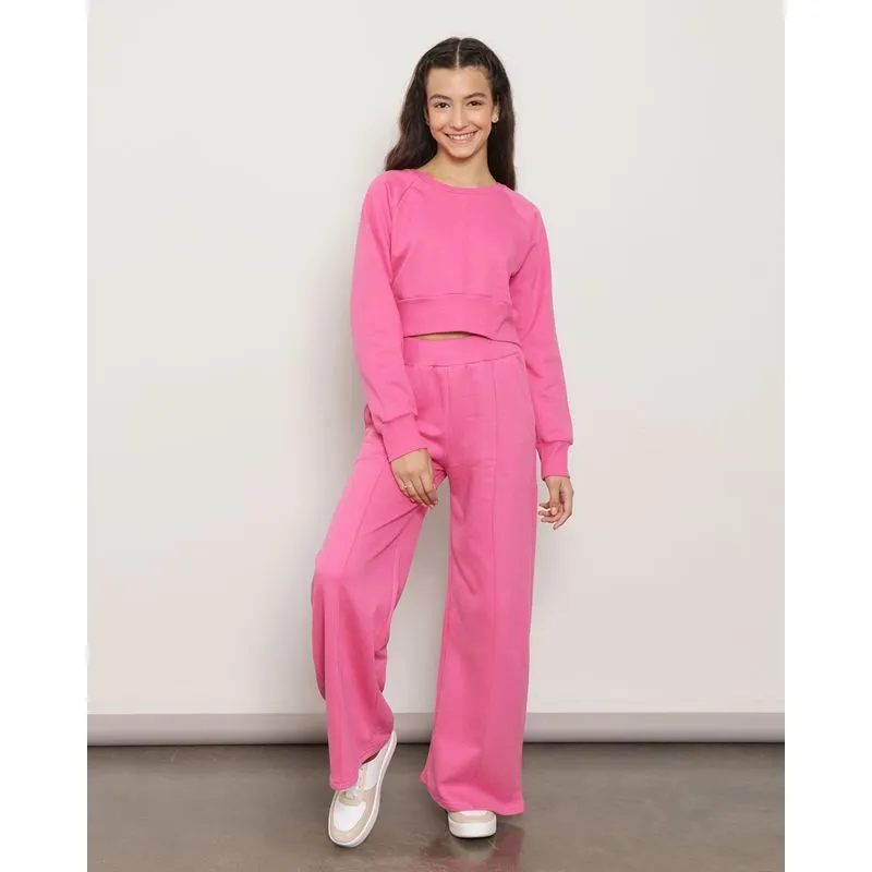 Calça Moletom Juvenil Wide Leg Com Bolsos Rosa 14