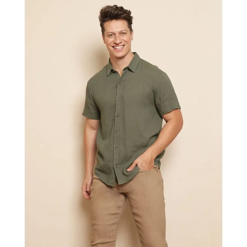 Camisa Masculina Linho Lisa Botões Verde UN