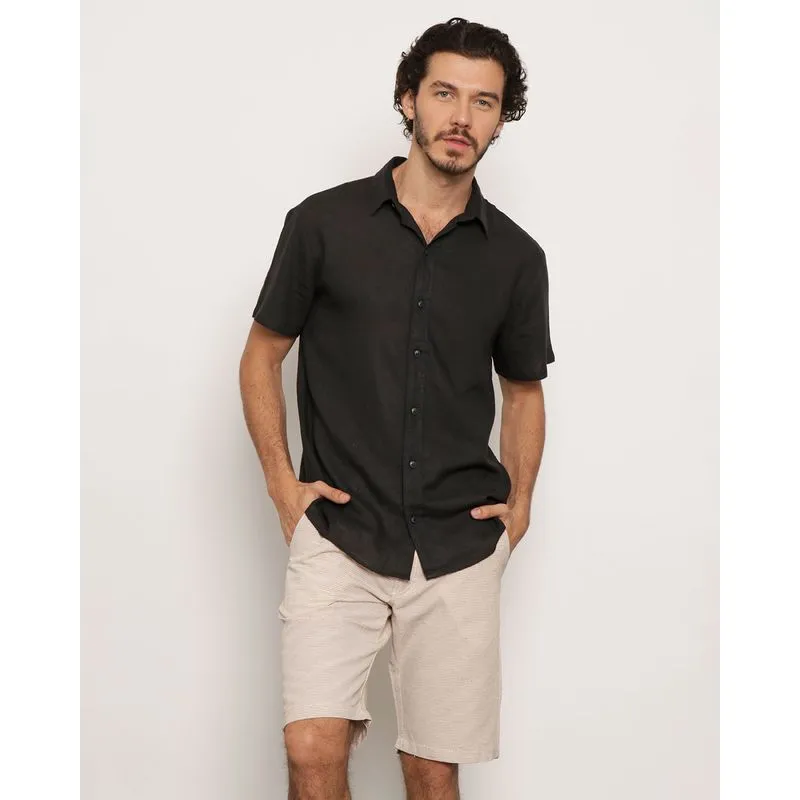 Camisa Masculina Manga Curta Linho Preta P