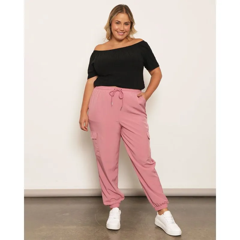Calça Plus Size Feminina Jogger Bolso Cargo Rosa G1