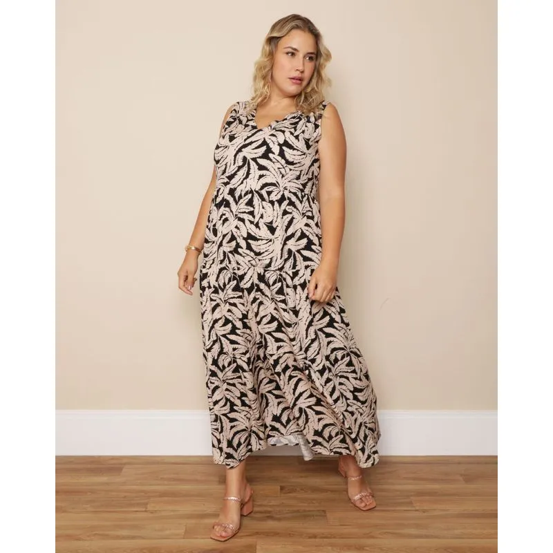 Vestido Plus Size Feminina Berry & Co. Viscose Estampado Bege G2