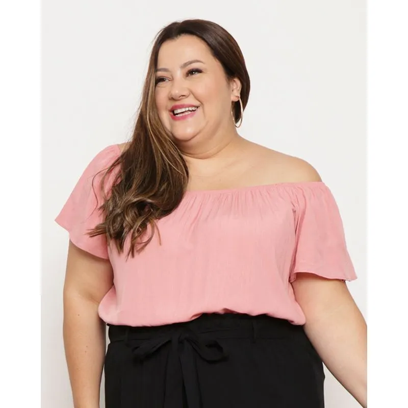 Blusa Feminina Plus Size Berry & Co. Ciganinha Viscose Rosa G1