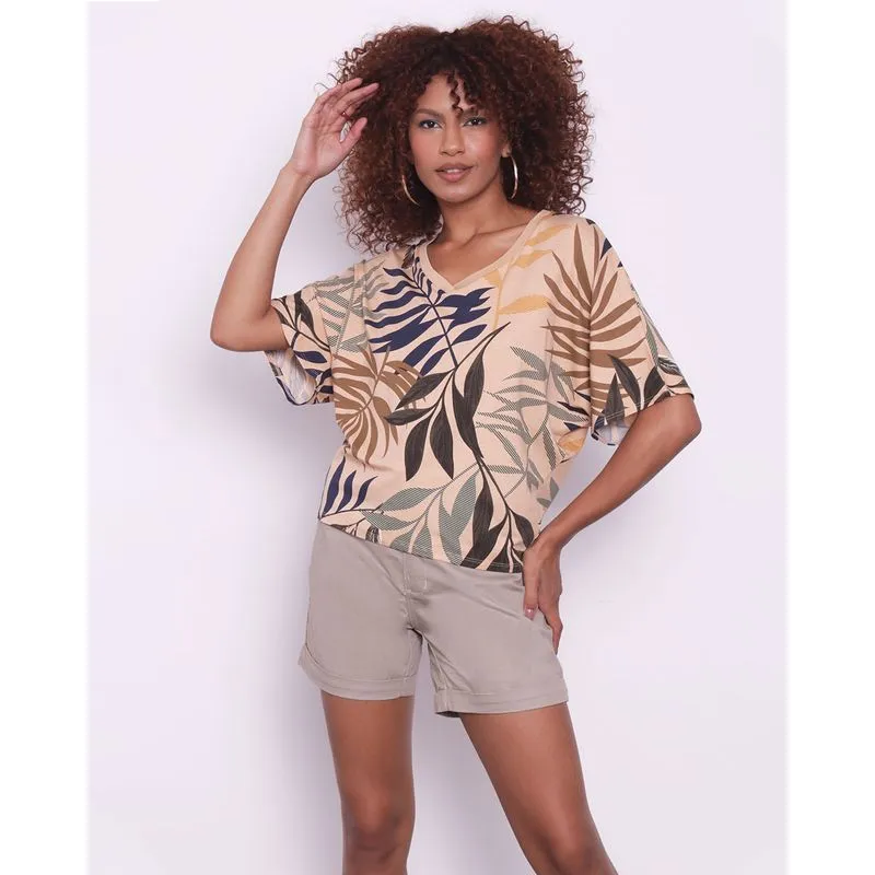 Blusa Feminina Decote V Com Manga Curta Folhagem Bege GG