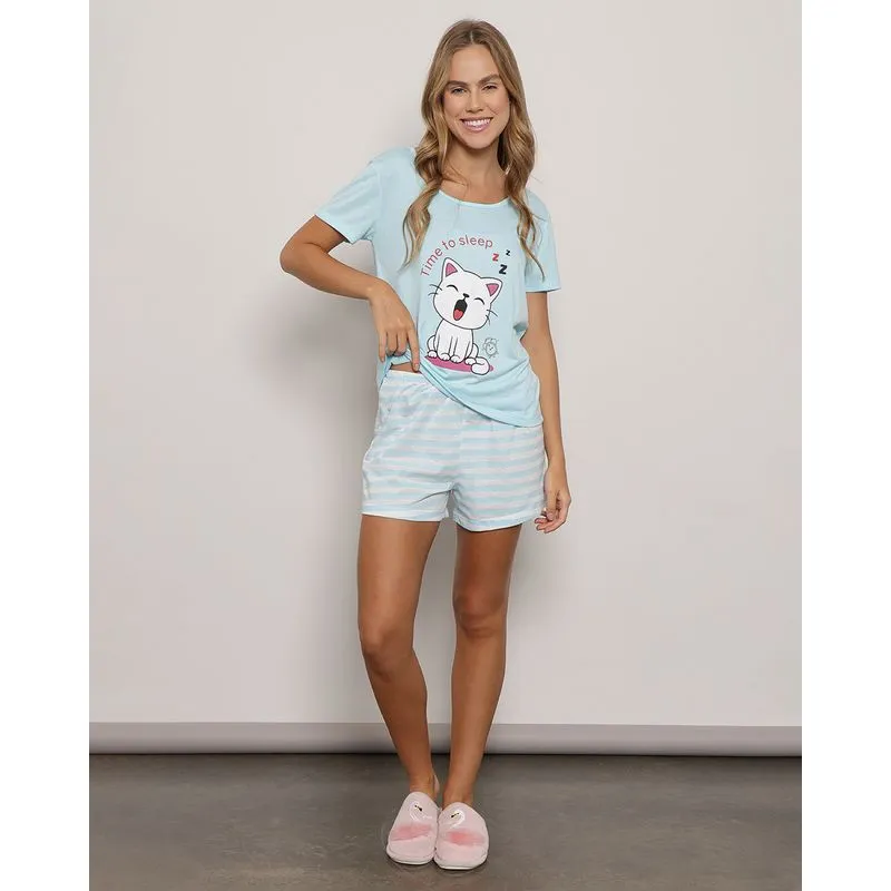 Pijama Feminino Curto Listrada Estampa Gato Azul G