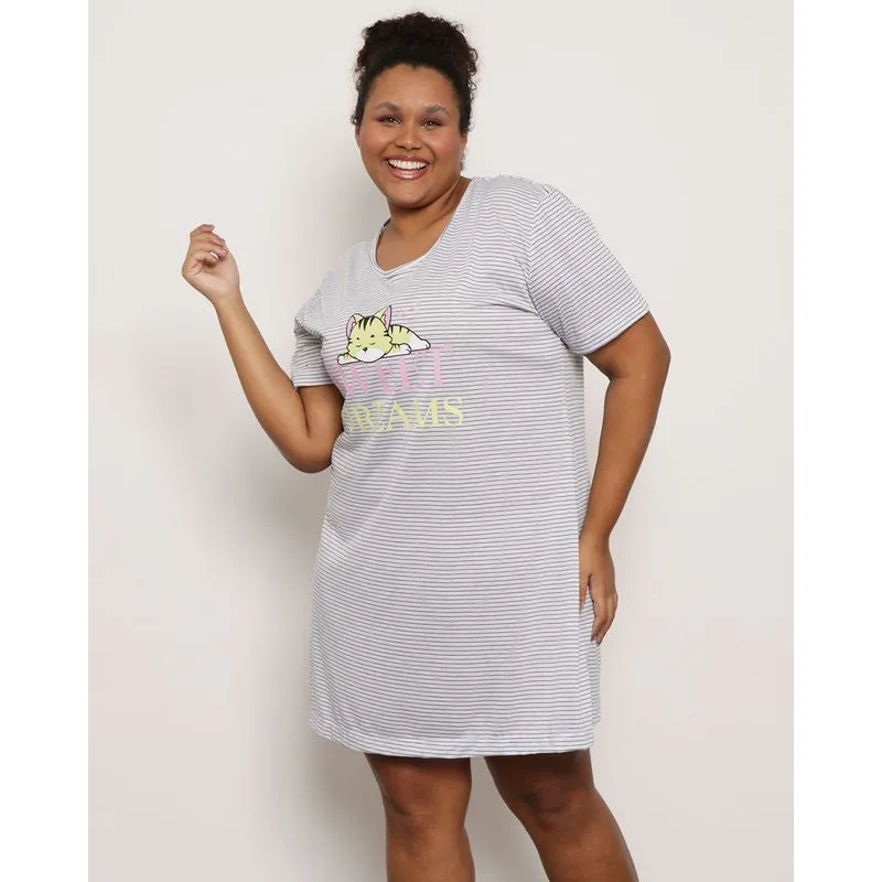 Camisola Plus Size Feminina Manga Curta Listrada Azul 48