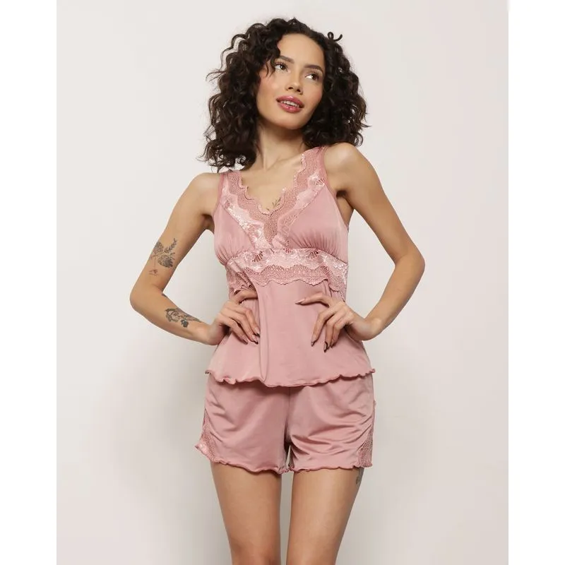 Short Doll Feminino Liganete Detalhes Renda Rosa G