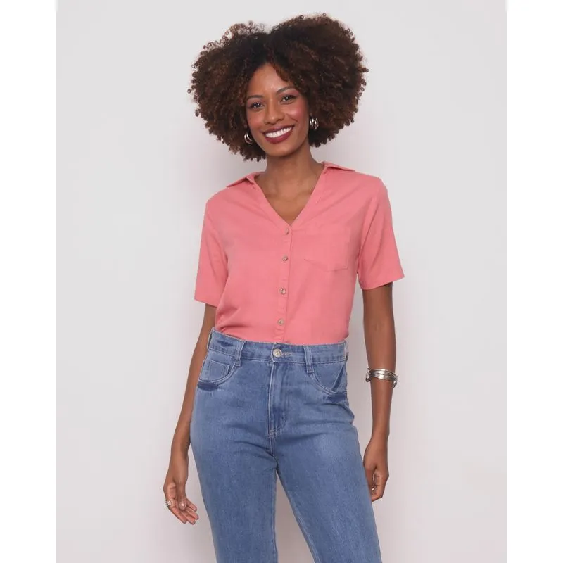 Camisa Feminina Manga Curta Viscolinho Rosa P