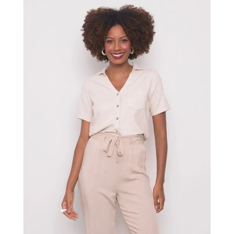 Camisa Feminina Manga Curta Viscolinho Bege M