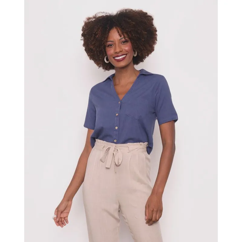 Camisa Feminina Manga Curta Viscolinho Azul G