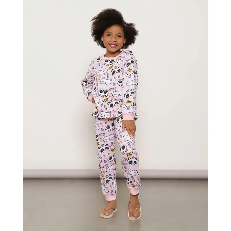 Pijama Infantil Longo Estampa Máscaras de Dormir Rosa 8