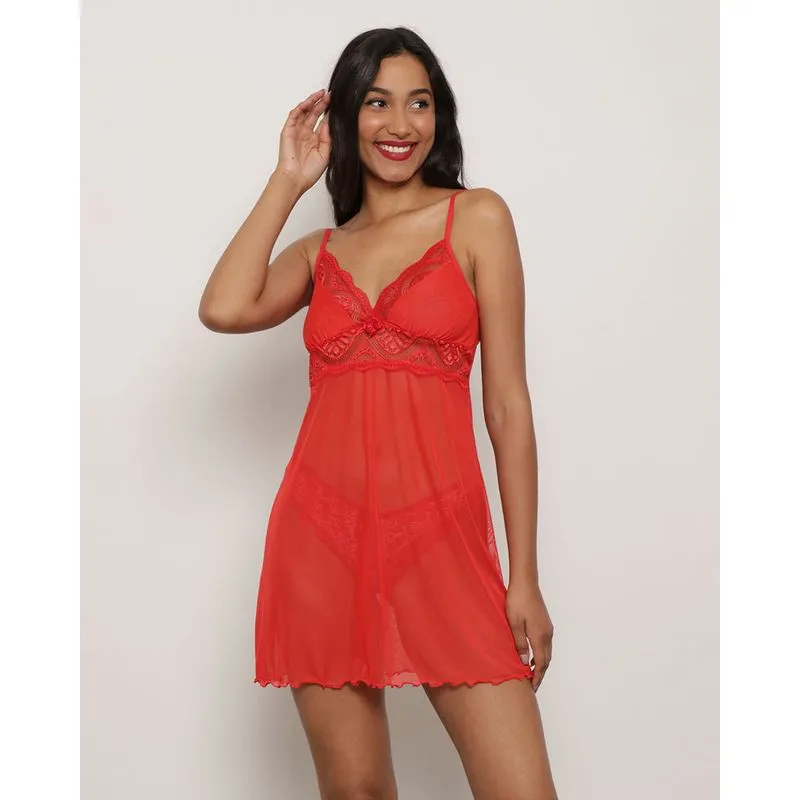Camisola Feminina Alcinha Tule e Renda Vermelha G